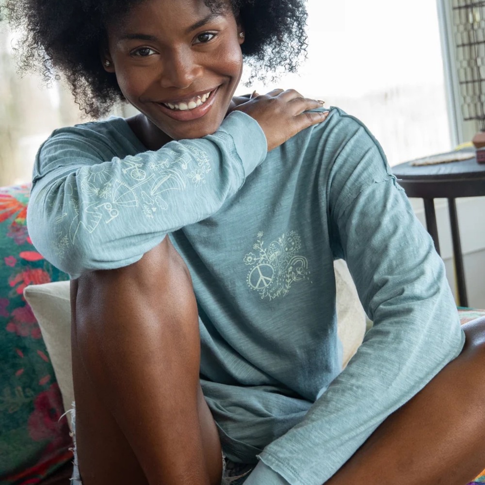 Natural Life Oversized Cotton Doodle Tee Light Blue Boho Hippie Graphic Top XL